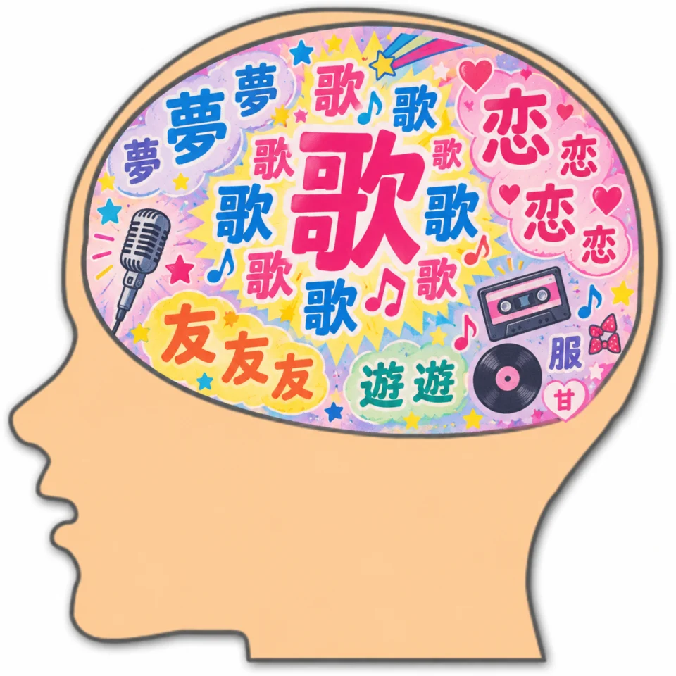 歌を中心に恋、夢、友、遊などが並ぶ80年代アイドル雑誌風脳内メーカー