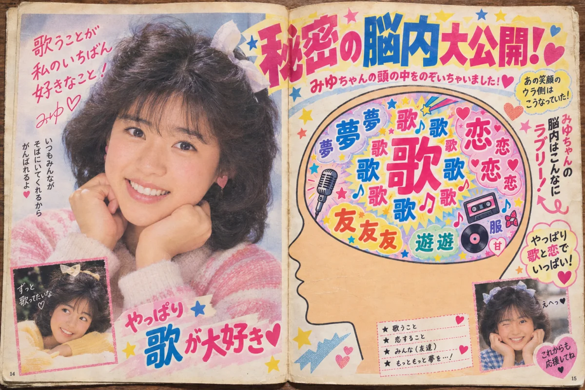 架空の女性アイドルと歌や恋が多い脳内メーカーを掲載した1980年代風アイドル雑誌